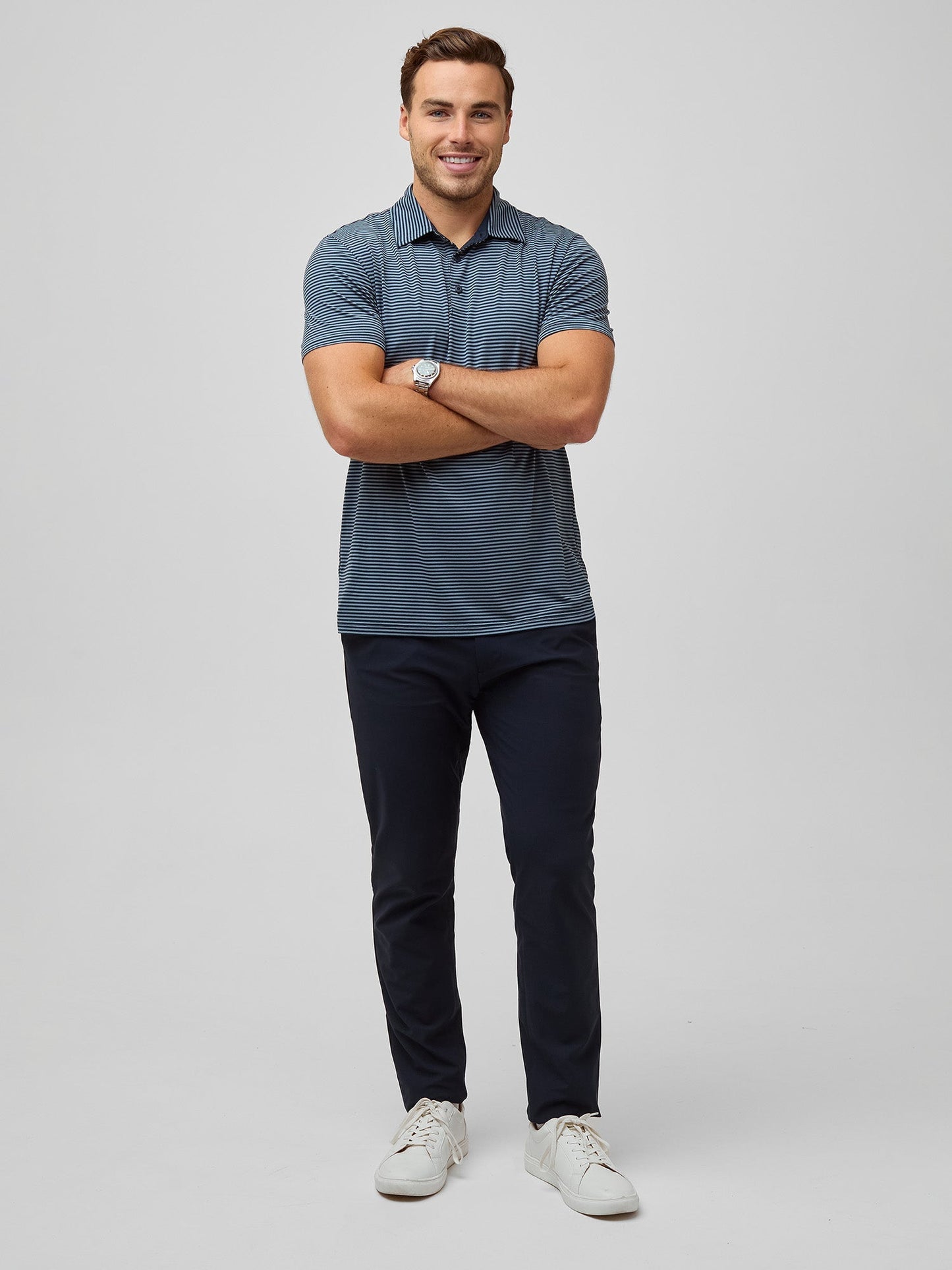 Navy + Wedgewood Striped Performance Polo